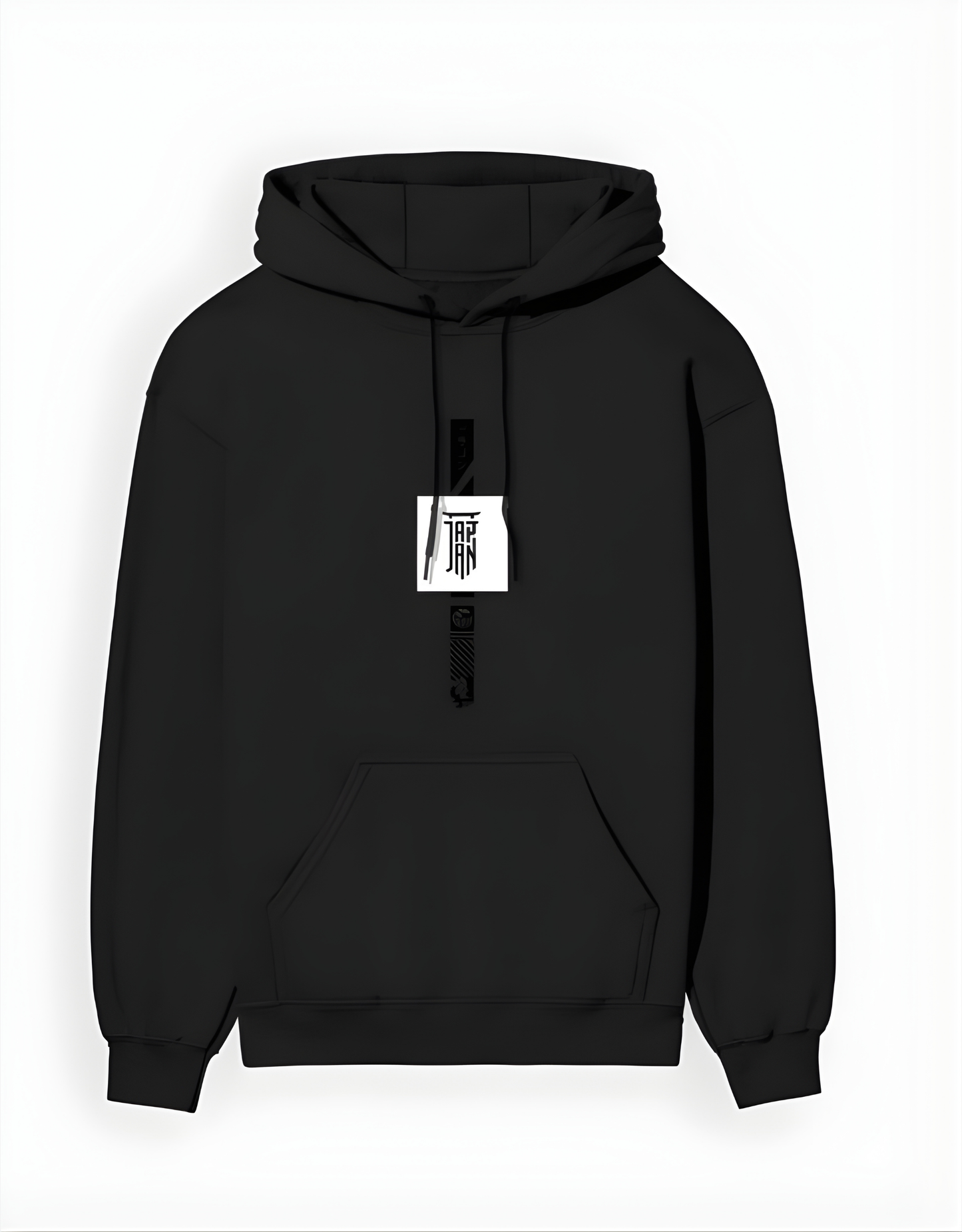 Black hoodie with a brand tag on a white background