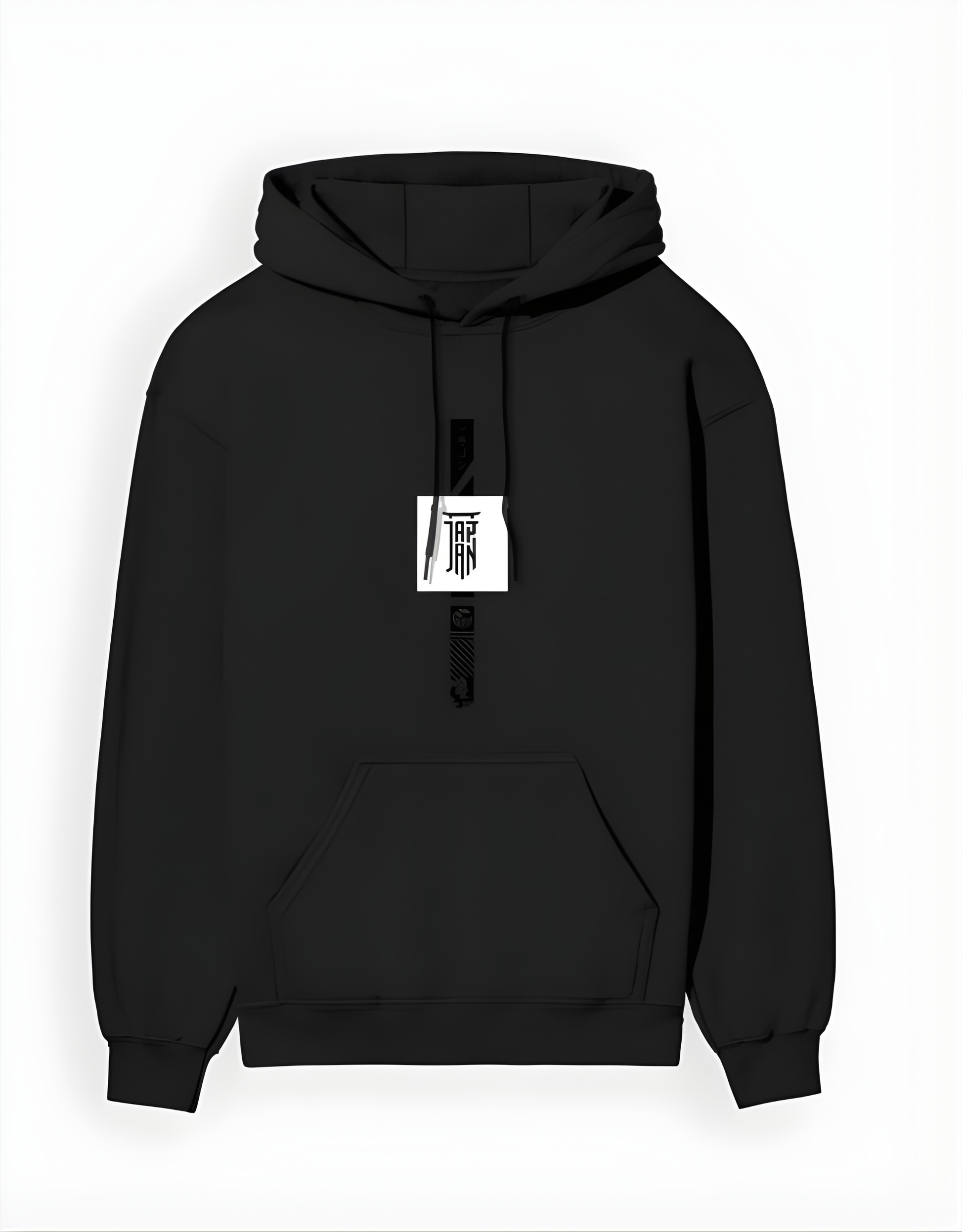 Black hoodie with a brand tag on a white background