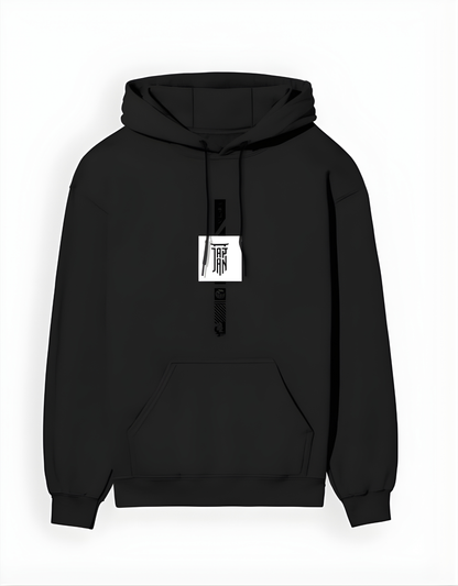 Black hoodie with a brand tag on a white background