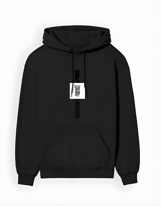 Black hoodie with a brand tag on a white background