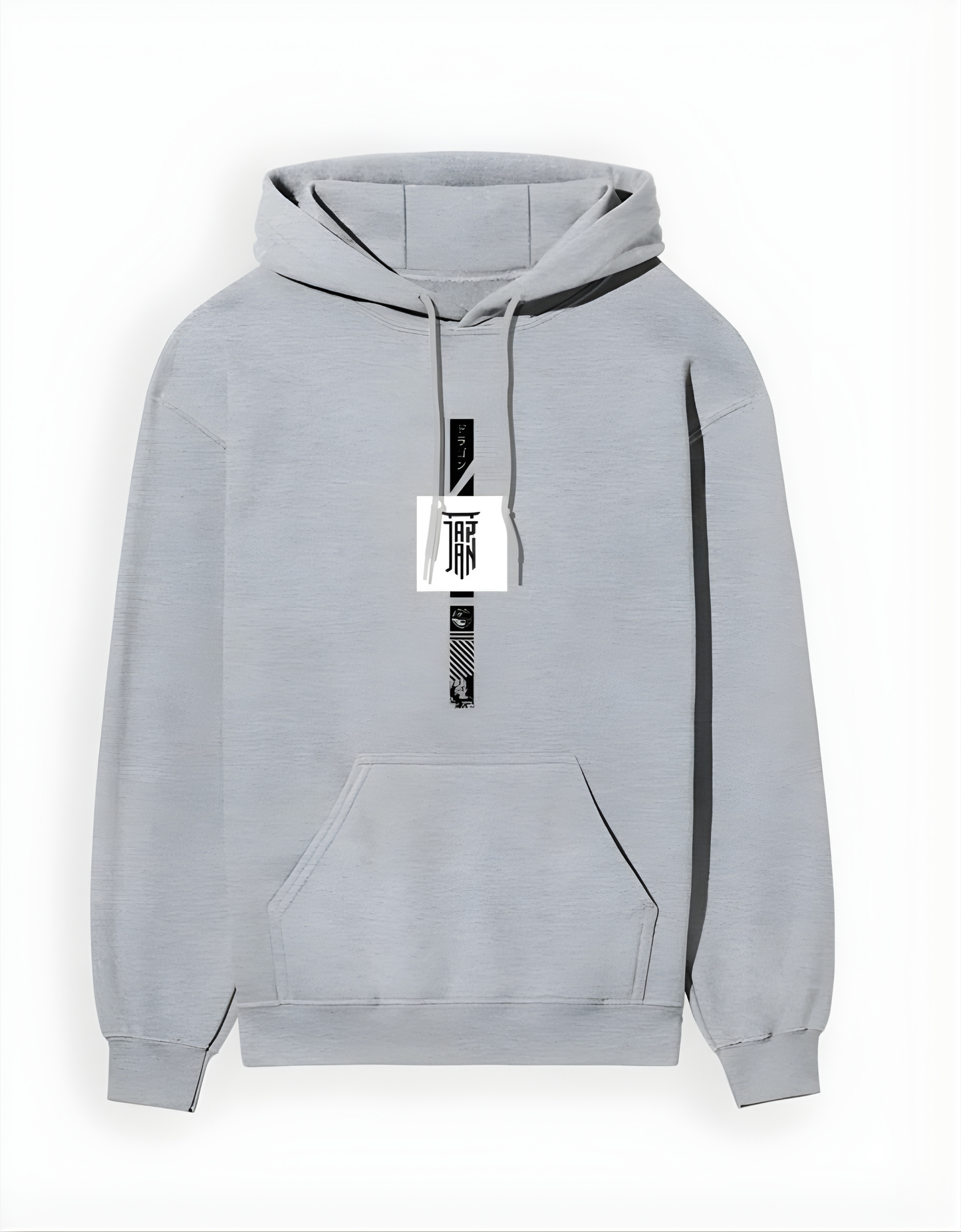 Gray hoodie with a brand tag on a white background