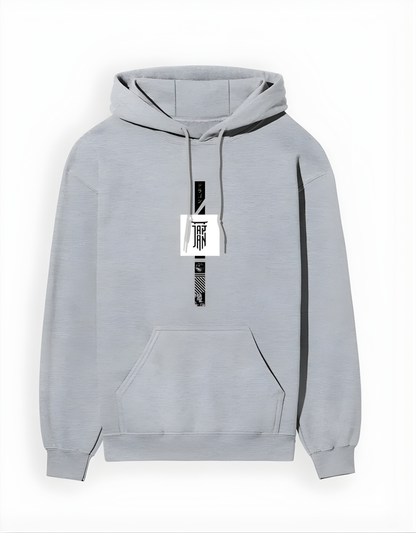 Gray hoodie with a brand tag on a white background