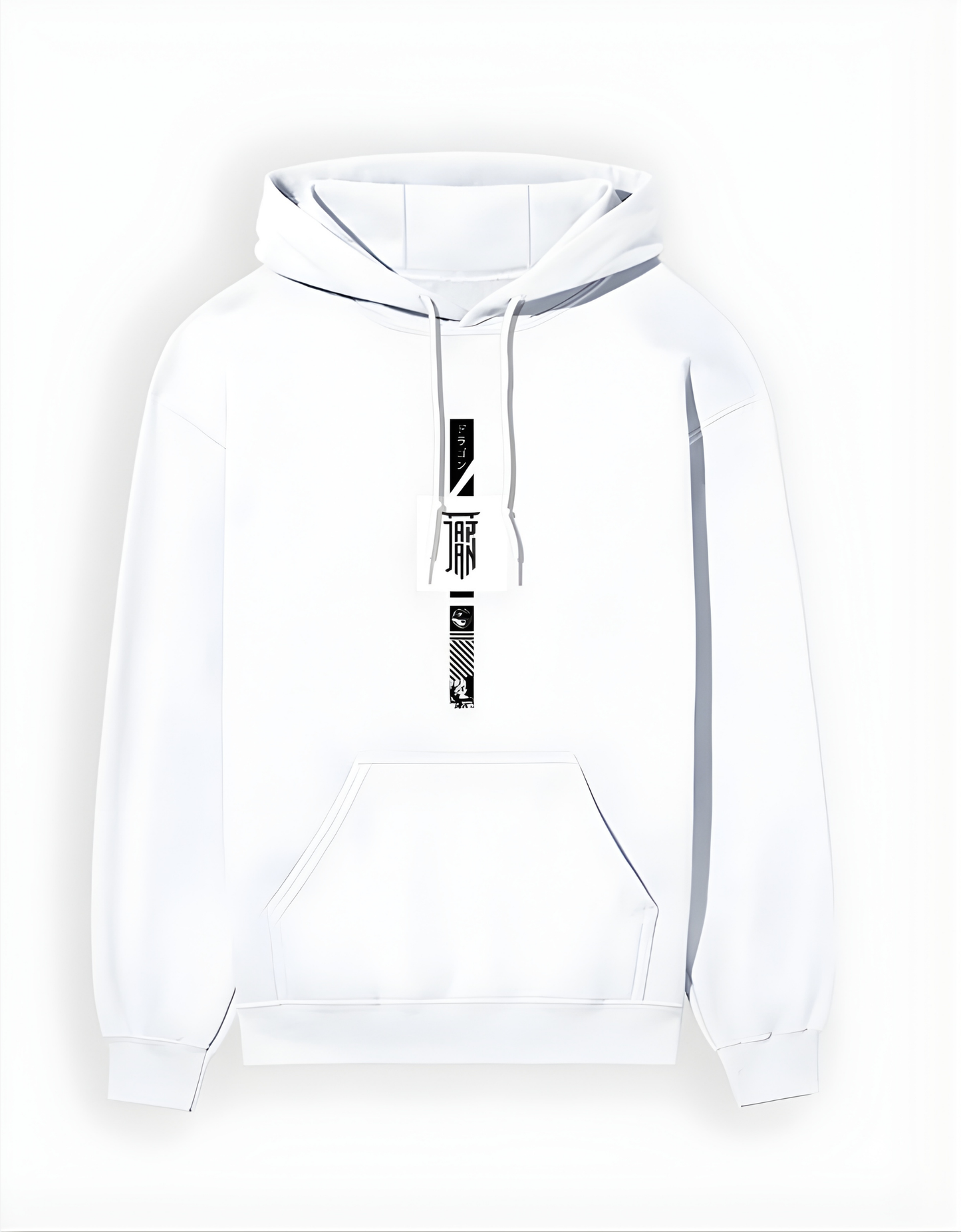 White hoodie with a black logo on a white background