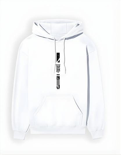 White hoodie with a black logo on a white background