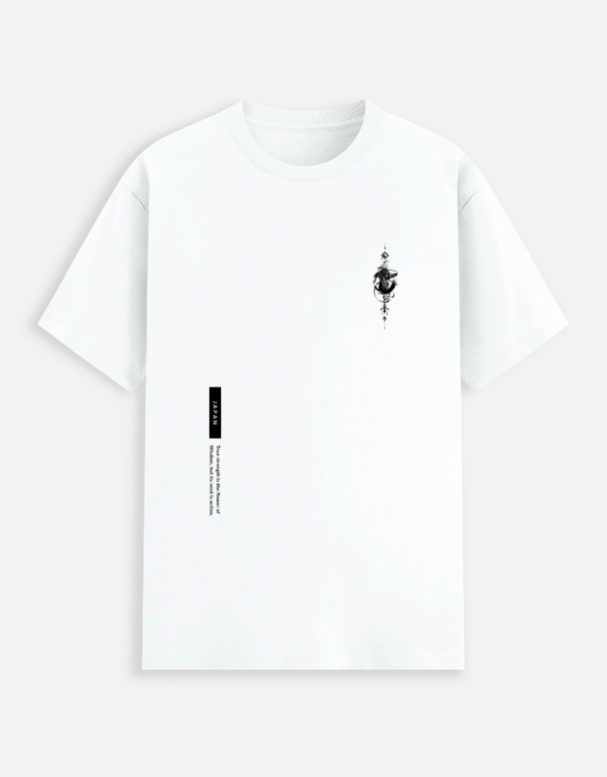 White t-shirt with black graphic design on a white background