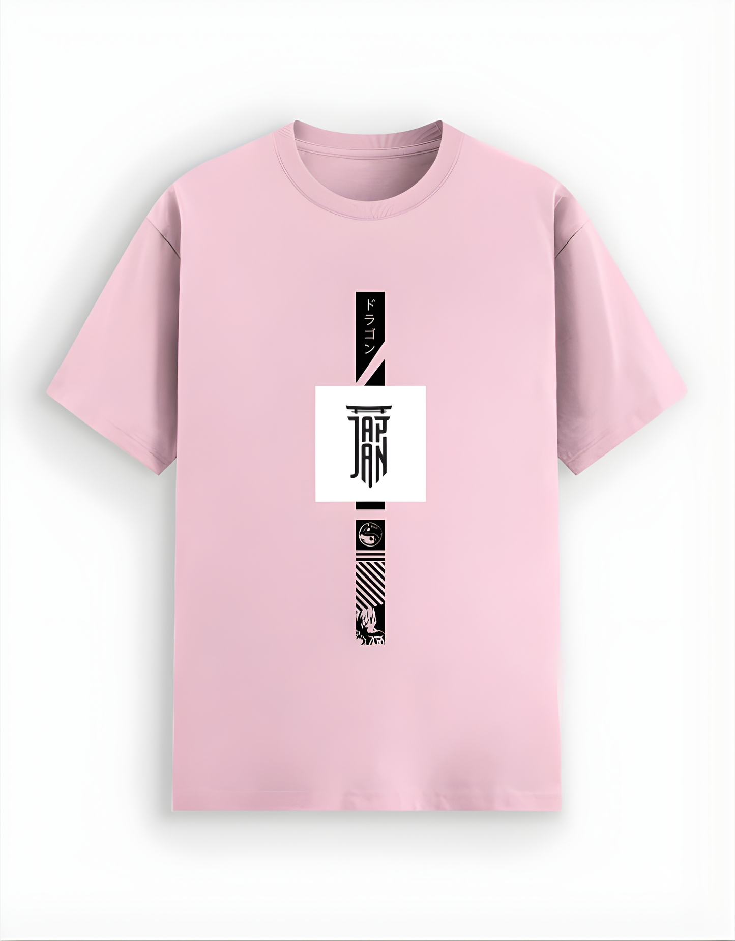 Pink t-shirt with a black and white graphic design on a white background