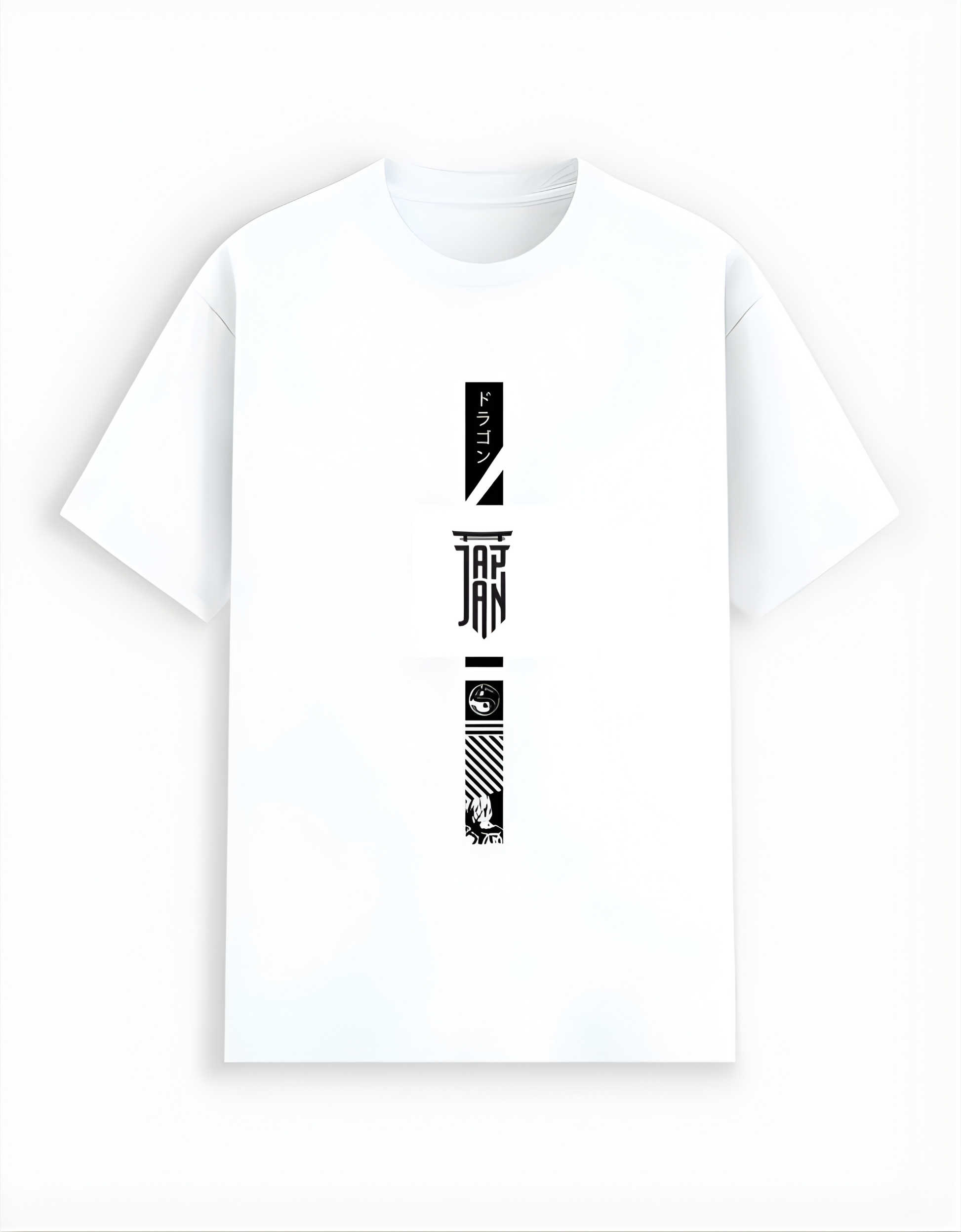 White t-shirt with black text design on a white background