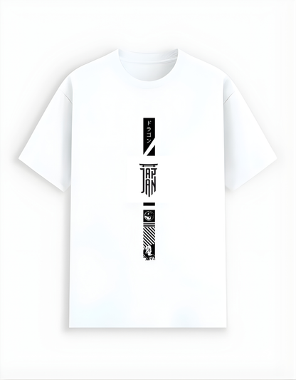 White t-shirt with black text design on a white background