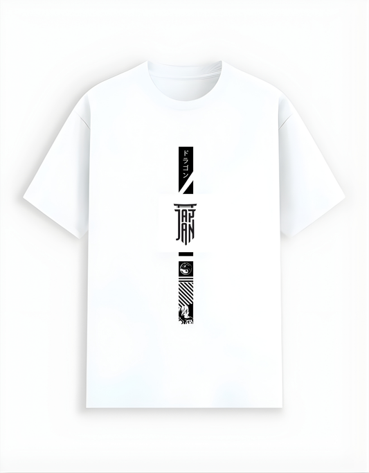 White t-shirt with black text design on a white background