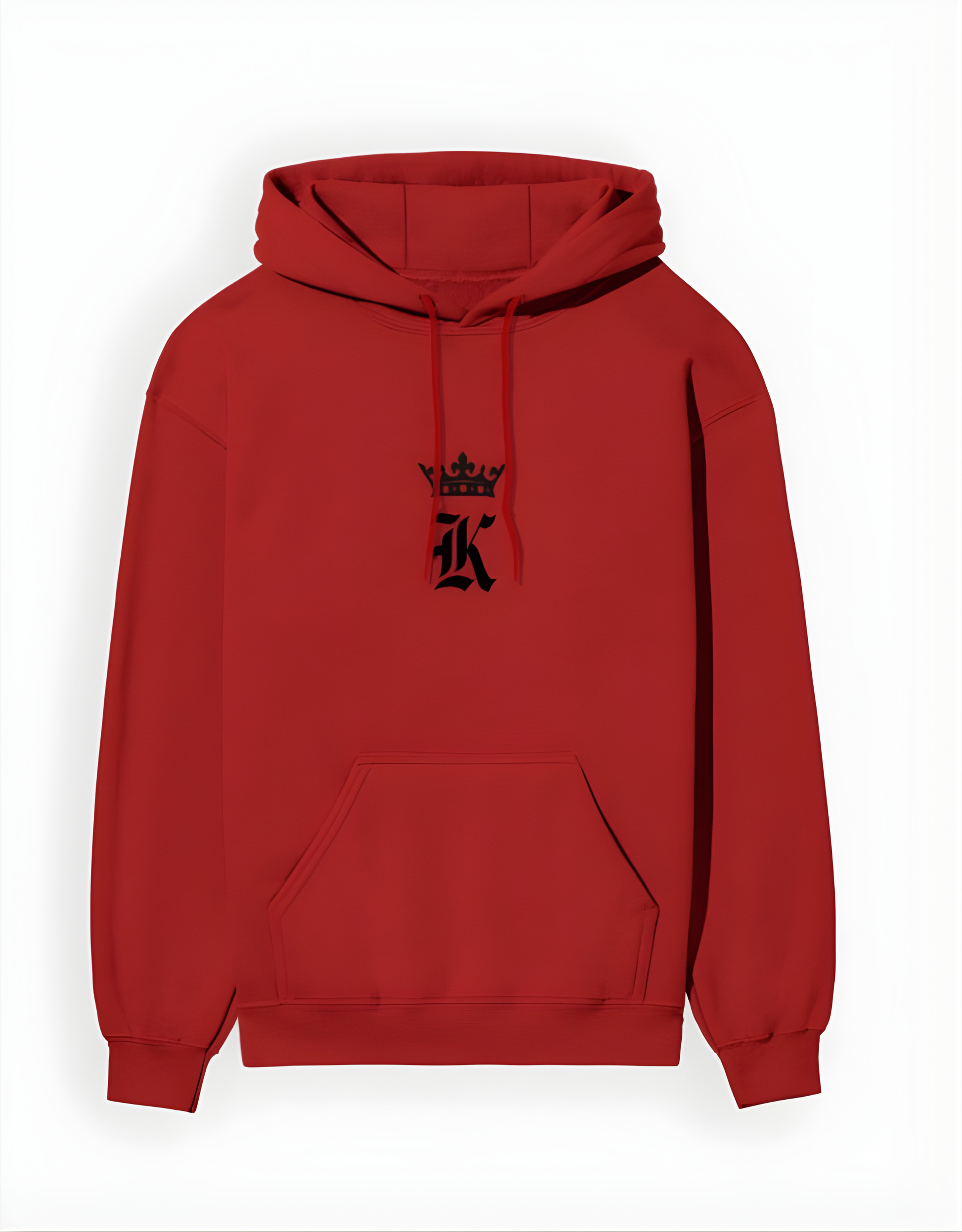 Red hoodie with a black logo on a white background