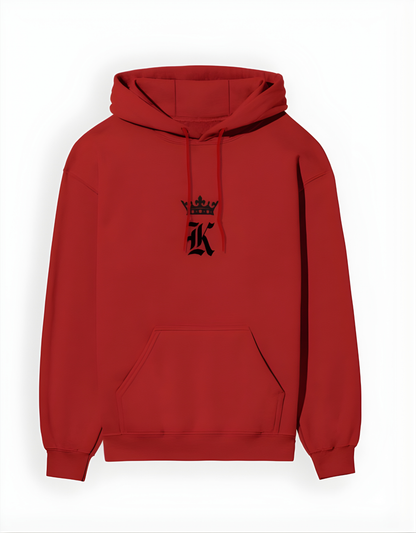 Red hoodie with a black logo on a white background