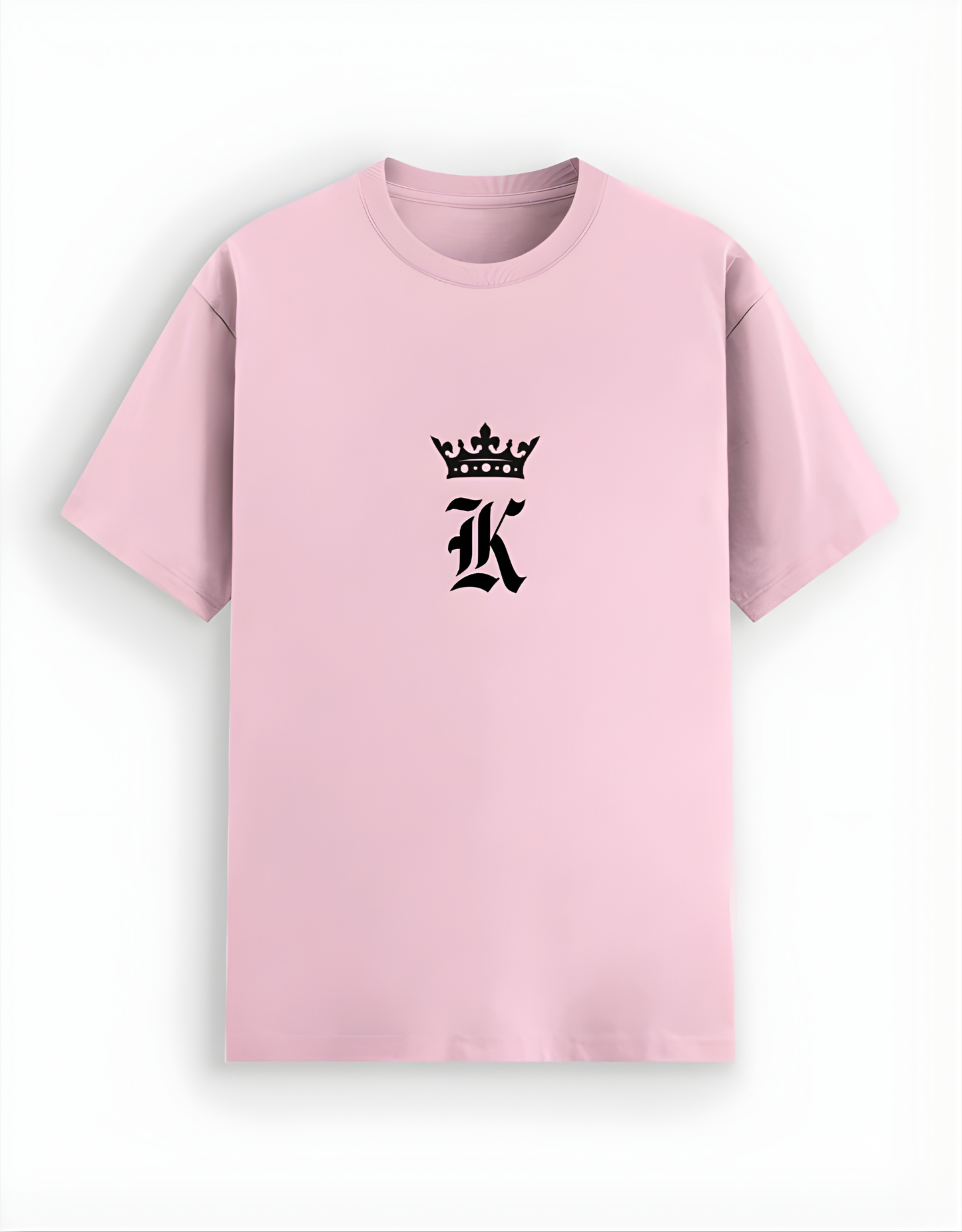 Pink t-shirt with a black logo on a white background