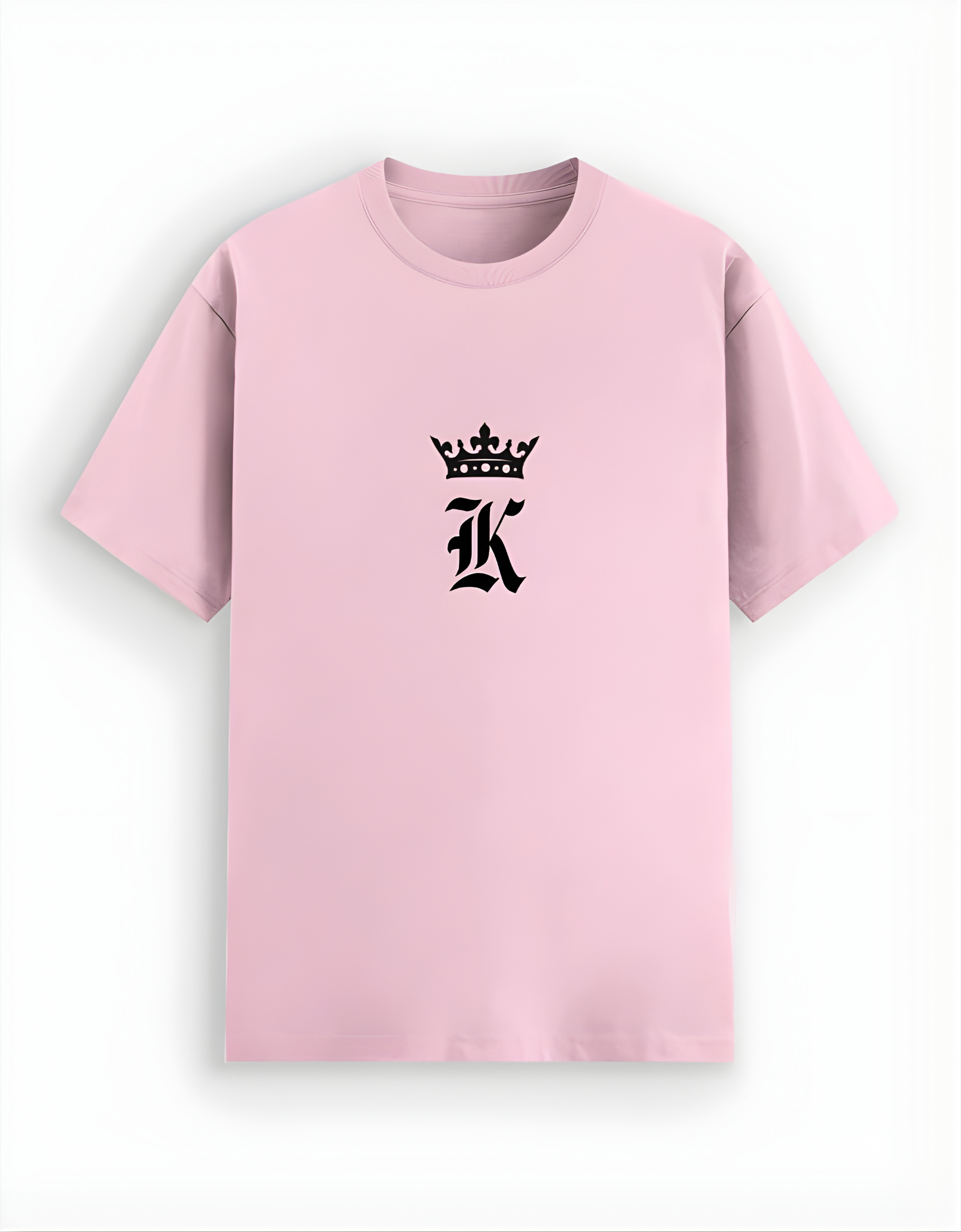 Pink t-shirt with a black logo on a white background