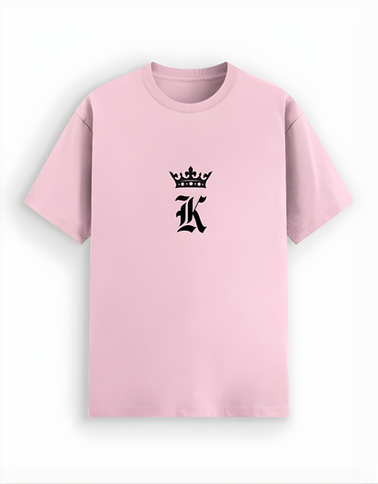 Pink t-shirt with a black logo on a white background
