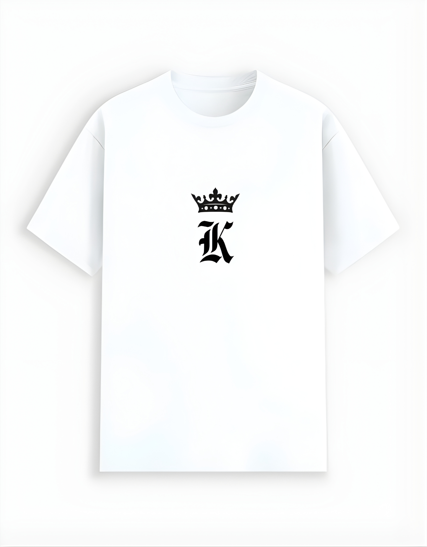 White t-shirt with a black logo on a white background