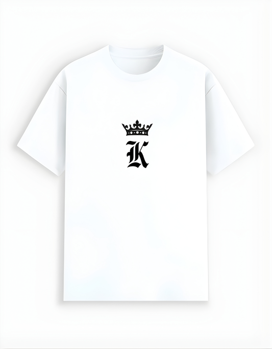 White t-shirt with a black logo on a white background