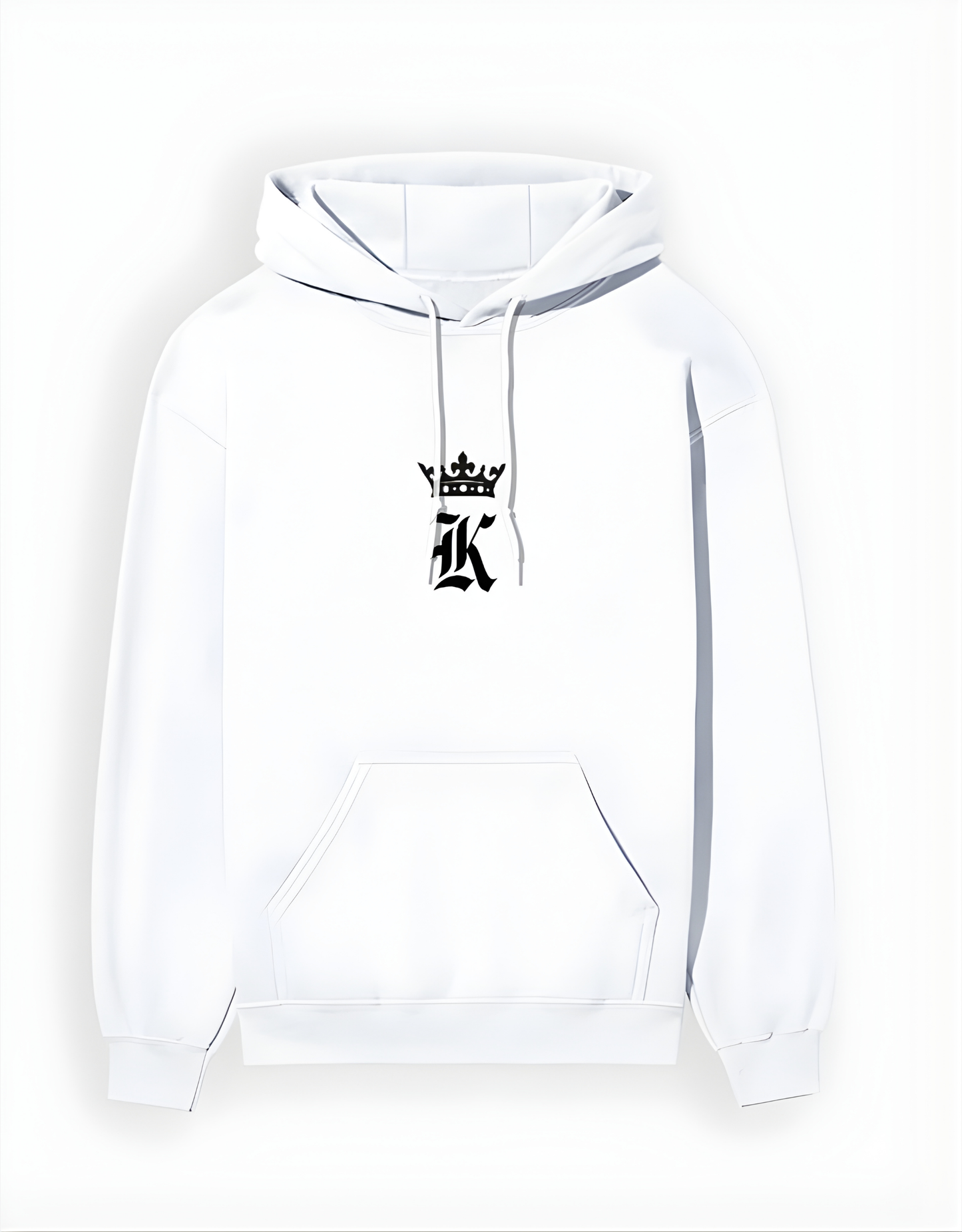 White hoodie with a black logo on a white background