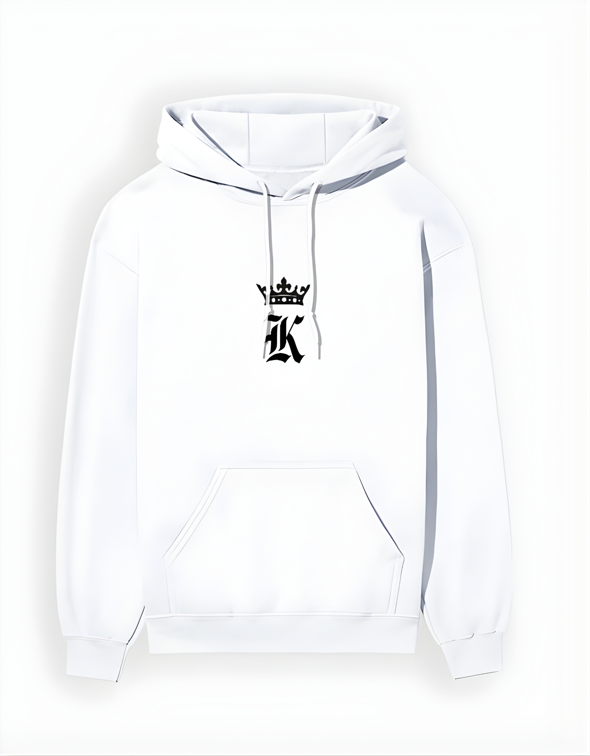 White hoodie with a black logo on a white background