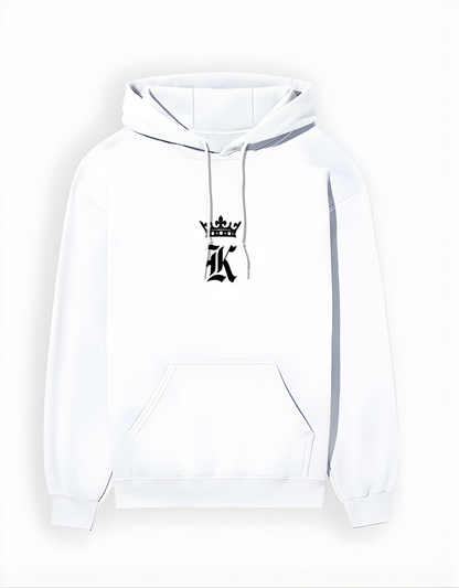 White hoodie with a black logo on a white background