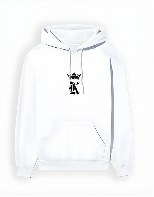 White hoodie with a black logo on a white background