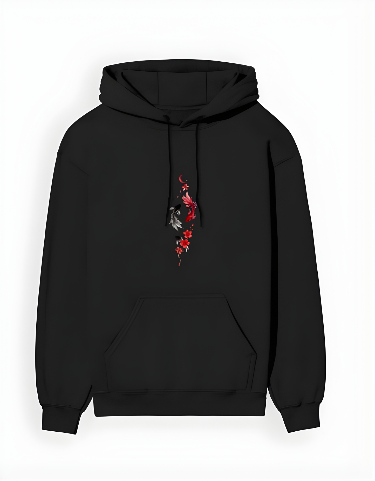 Black hoodie with a red and gray design on the chest against a white background