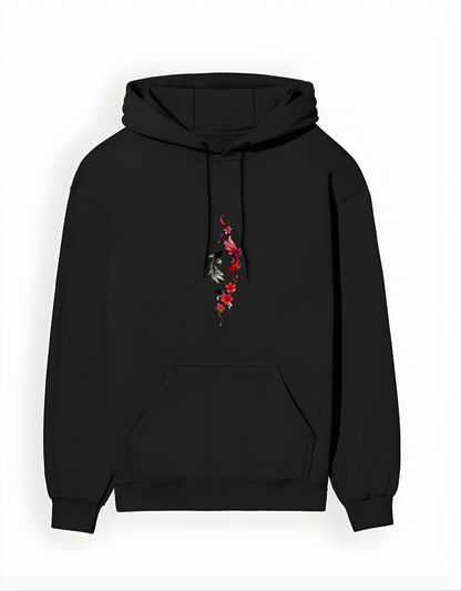 Black hoodie with a red and gray design on the chest against a white background