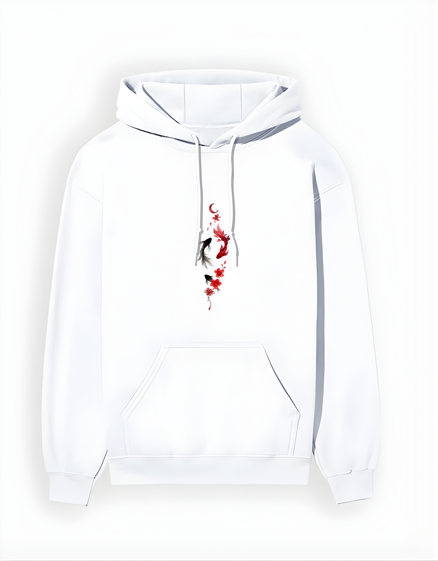 White hoodie with a graphic design on a white background