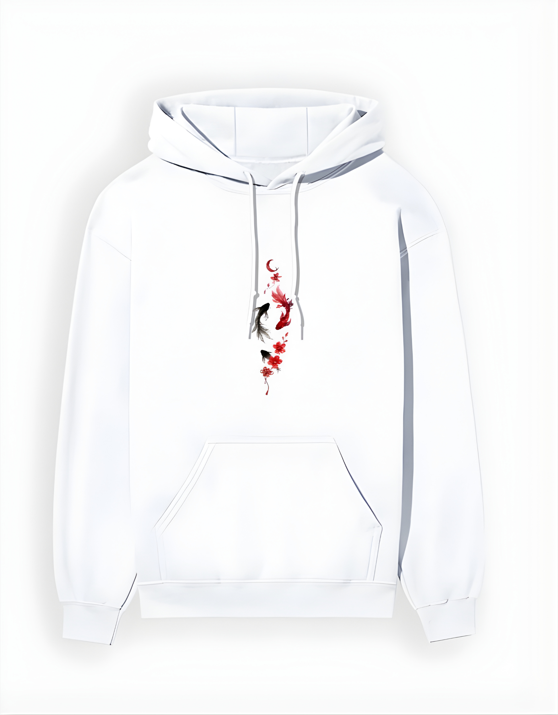 White hoodie with a graphic design on a white background