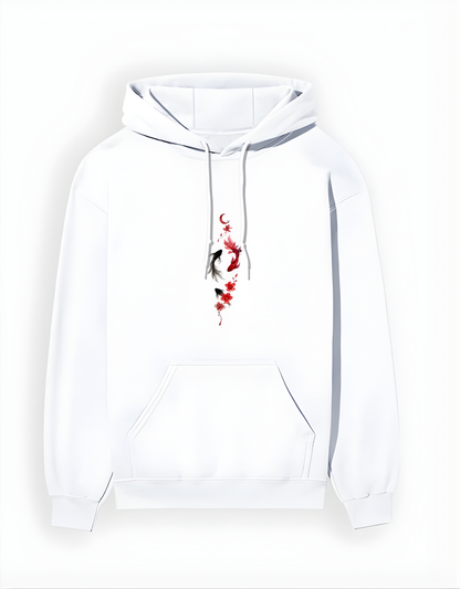 White hoodie with a graphic design on a white background