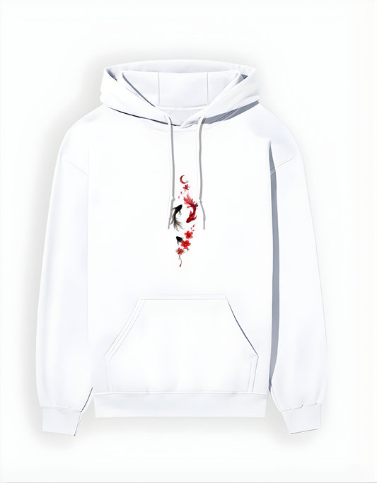 White hoodie with a graphic design on a white background