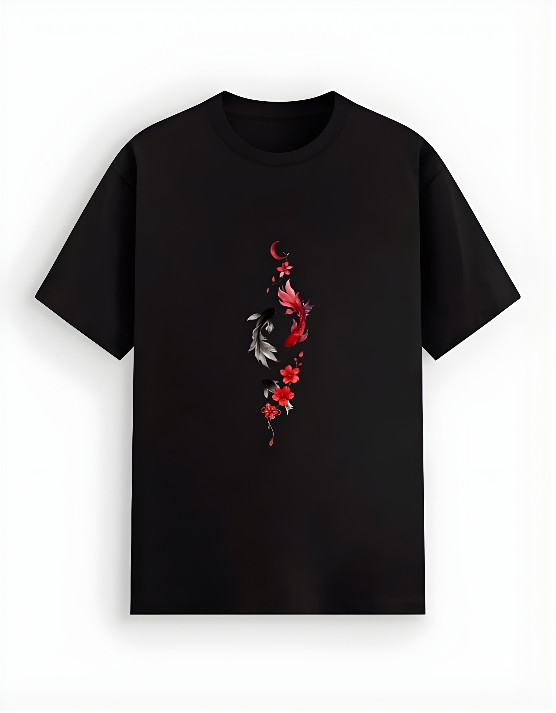 Black t-shirt with a floral design on a white background