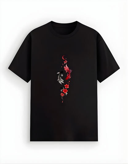 Black t-shirt with a floral design on a white background