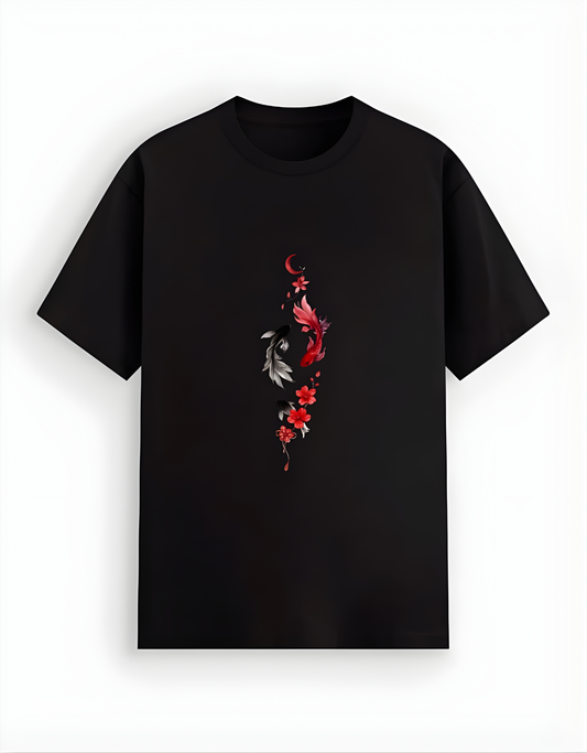 Black t-shirt with a floral design on a white background