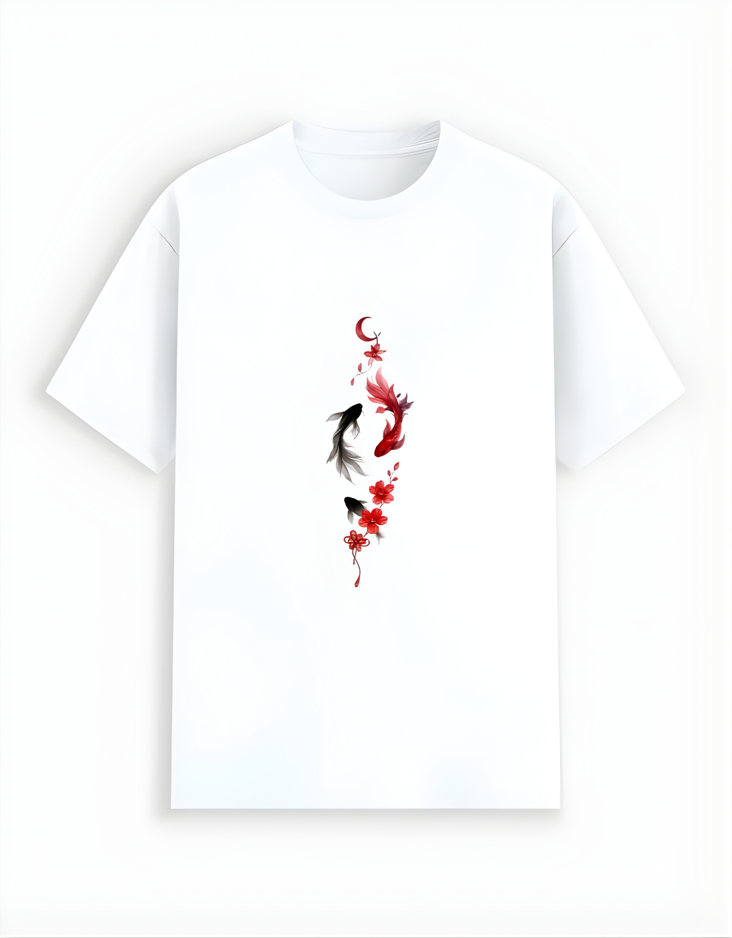 White t-shirt with a design of three fish and red flowers on a white background