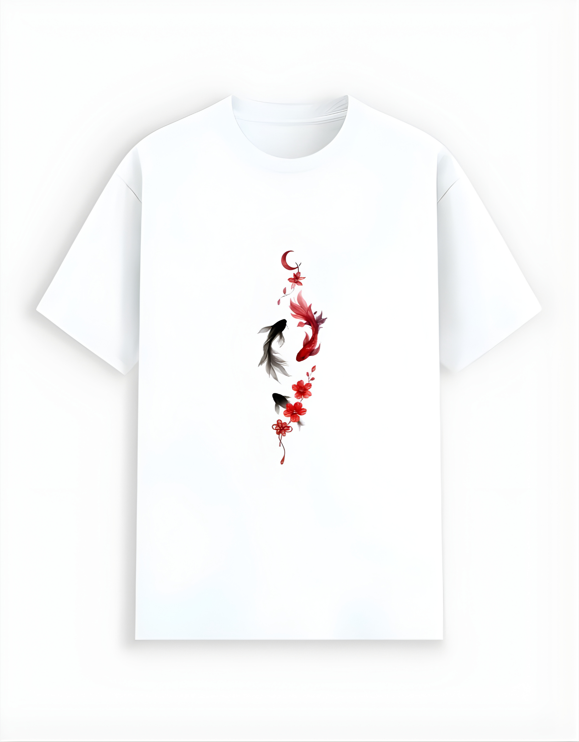 White t-shirt with a design of three fish and red flowers on a white background