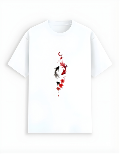 White t-shirt with a design of three fish and red flowers on a white background