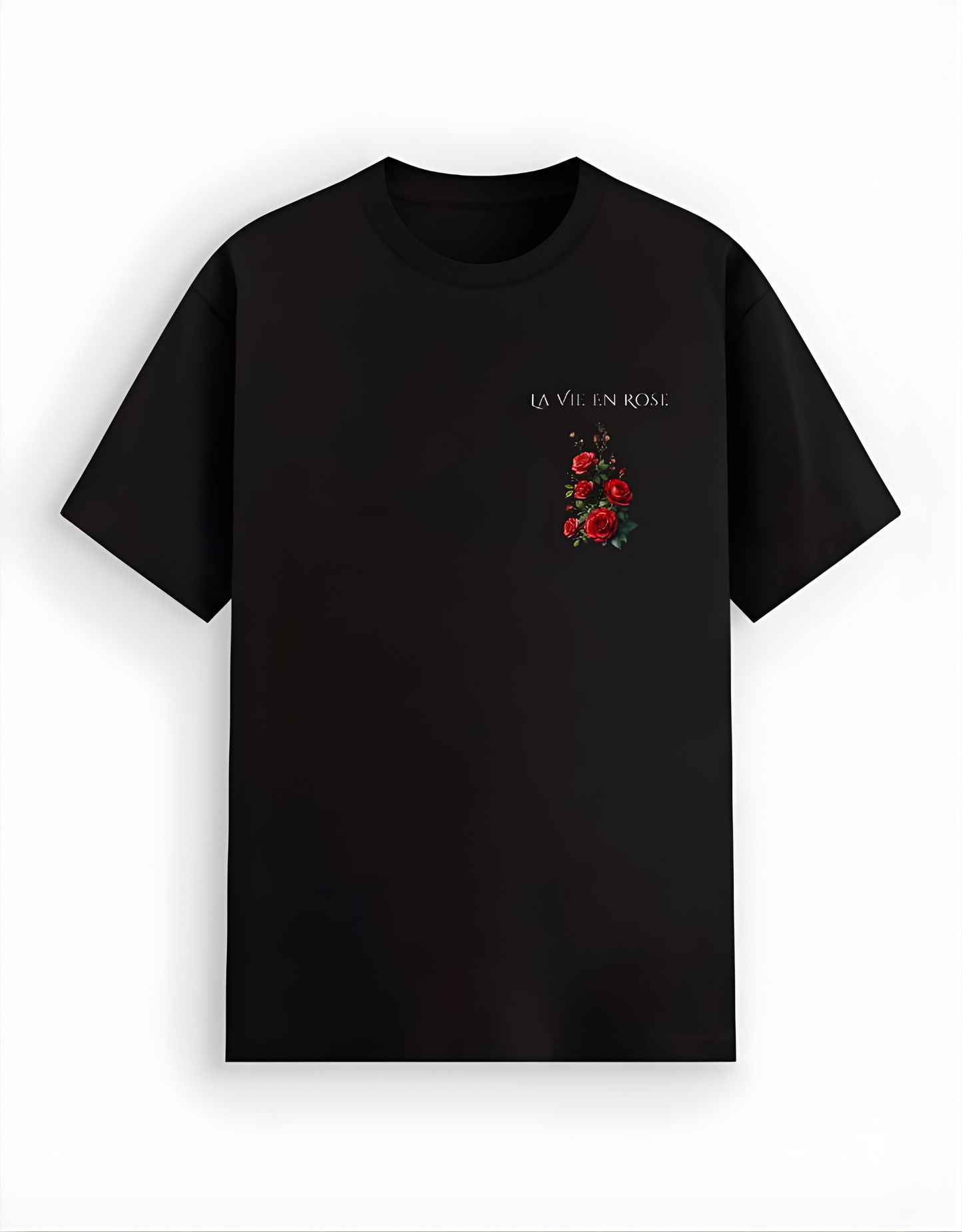 Black t-shirt with red floral design and text on a white background