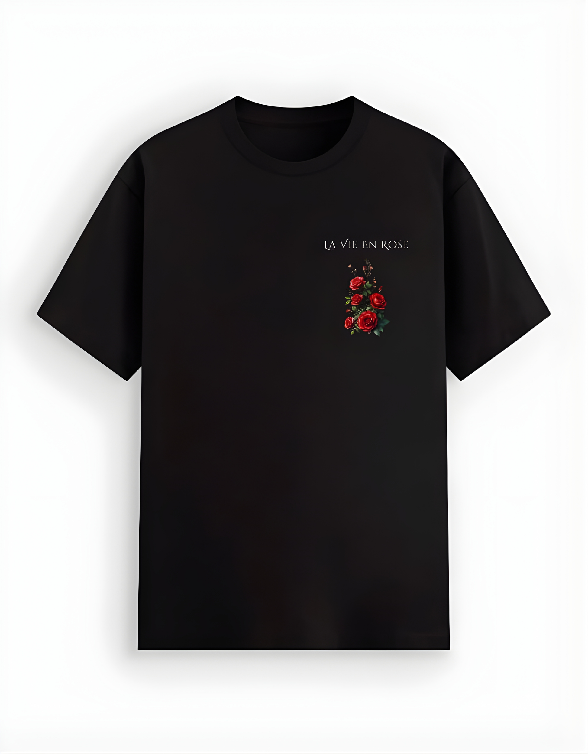 Black t-shirt with red floral design and text on a white background