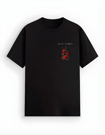 Black t-shirt with red floral design and text on a white background