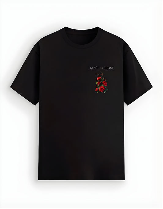 Black t-shirt with red floral design and text on a white background