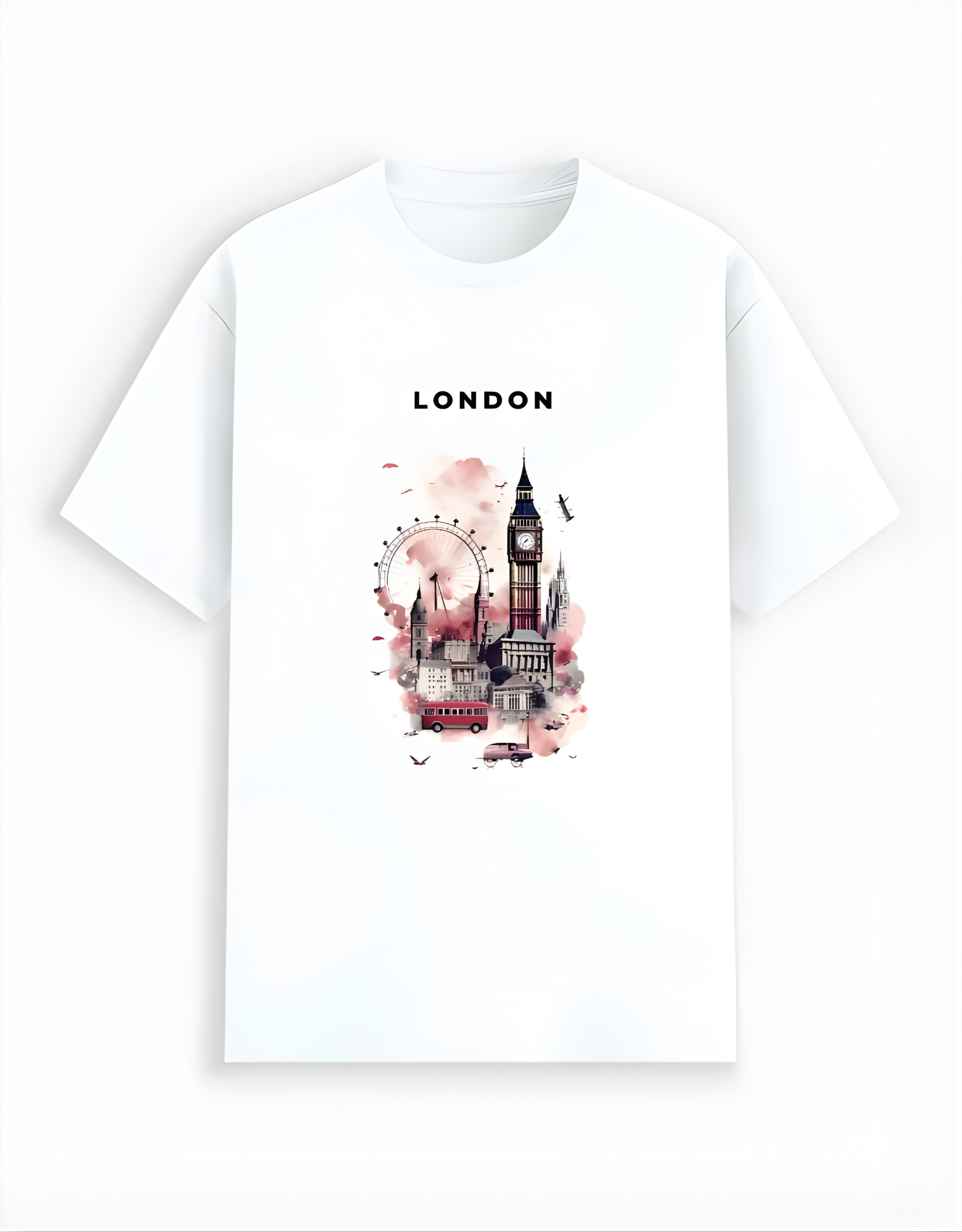 White t-shirt with London-themed design featuring Big Ben, a red bus, and a pink flower.
