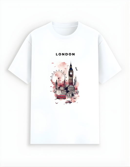 White t-shirt with London-themed design featuring Big Ben, a red bus, and a pink flower.