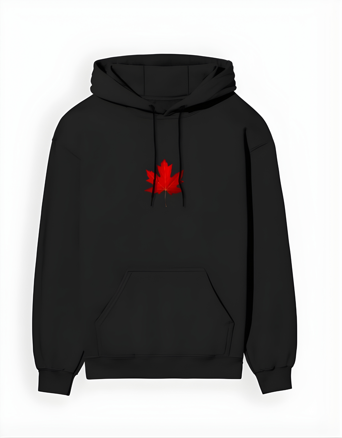 Black hoodie with a red maple leaf design on a white background