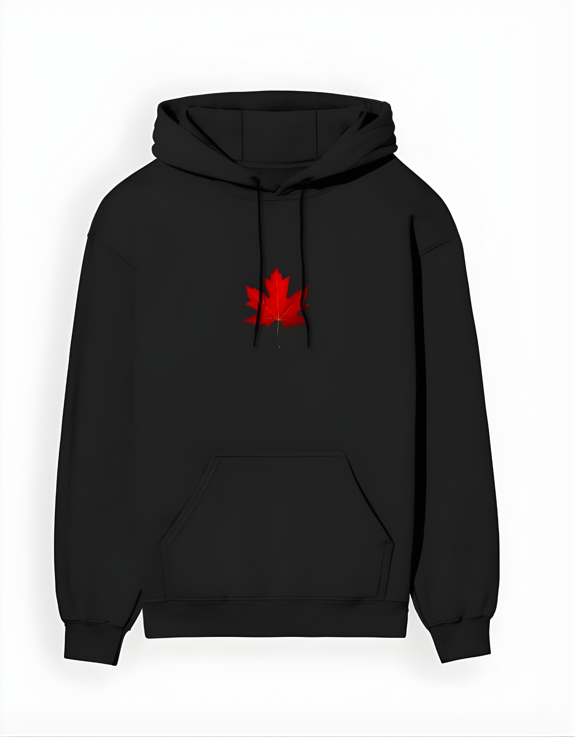 Black hoodie with a red maple leaf design on a white background
