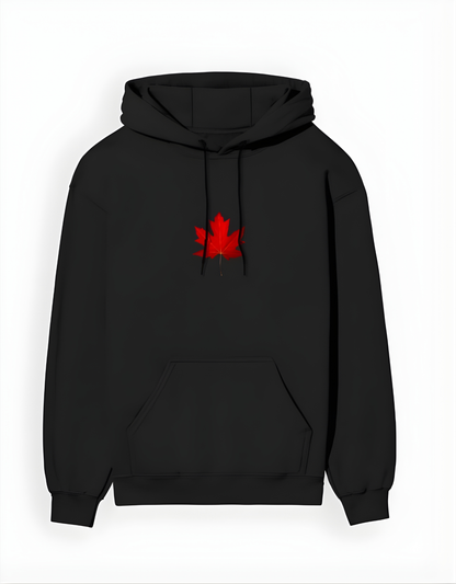 Black hoodie with a red maple leaf design on a white background