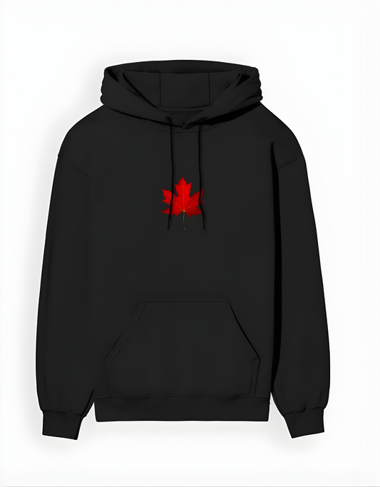 Black hoodie with a red maple leaf design on a white background