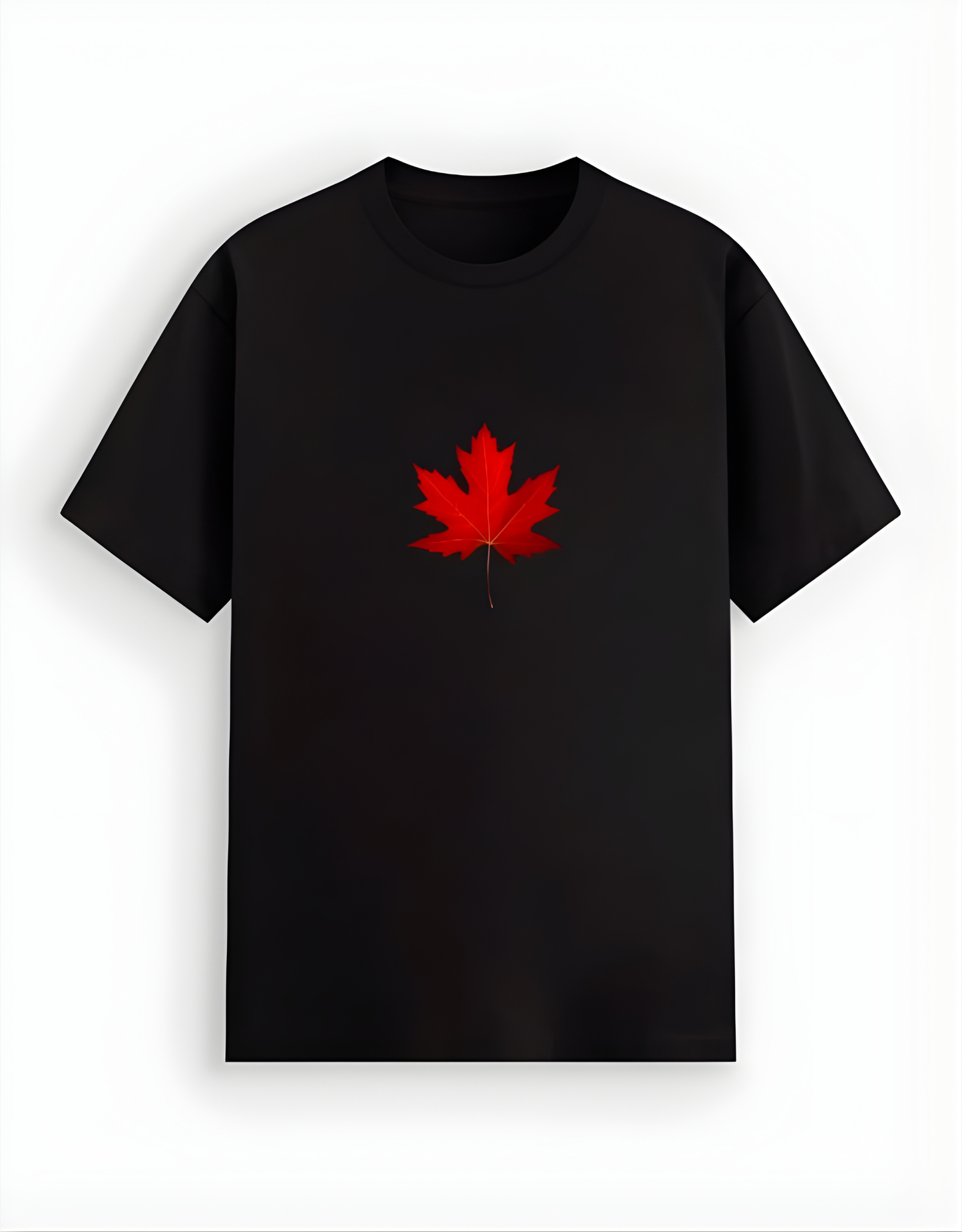 Black t-shirt with a red maple leaf design on a white background