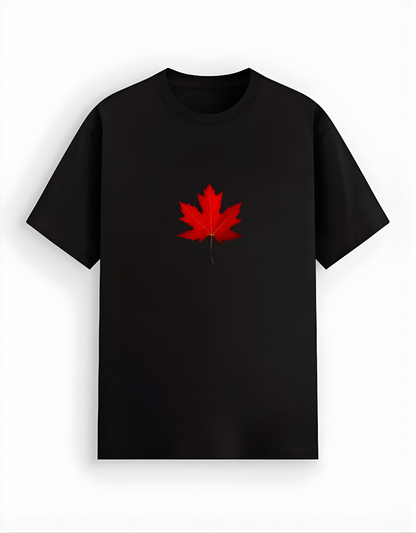 Black t-shirt with a red maple leaf design on a white background