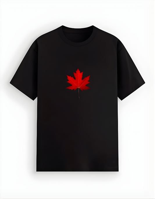 Black t-shirt with a red maple leaf design on a white background