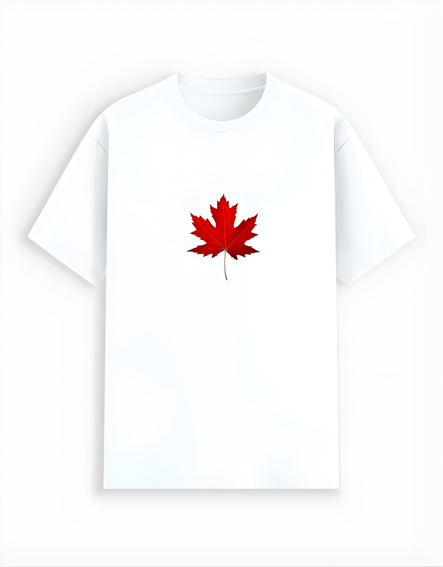 White t-shirt with a red maple leaf design on a white background